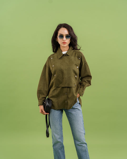 Faux Suede Overshirt In Olive